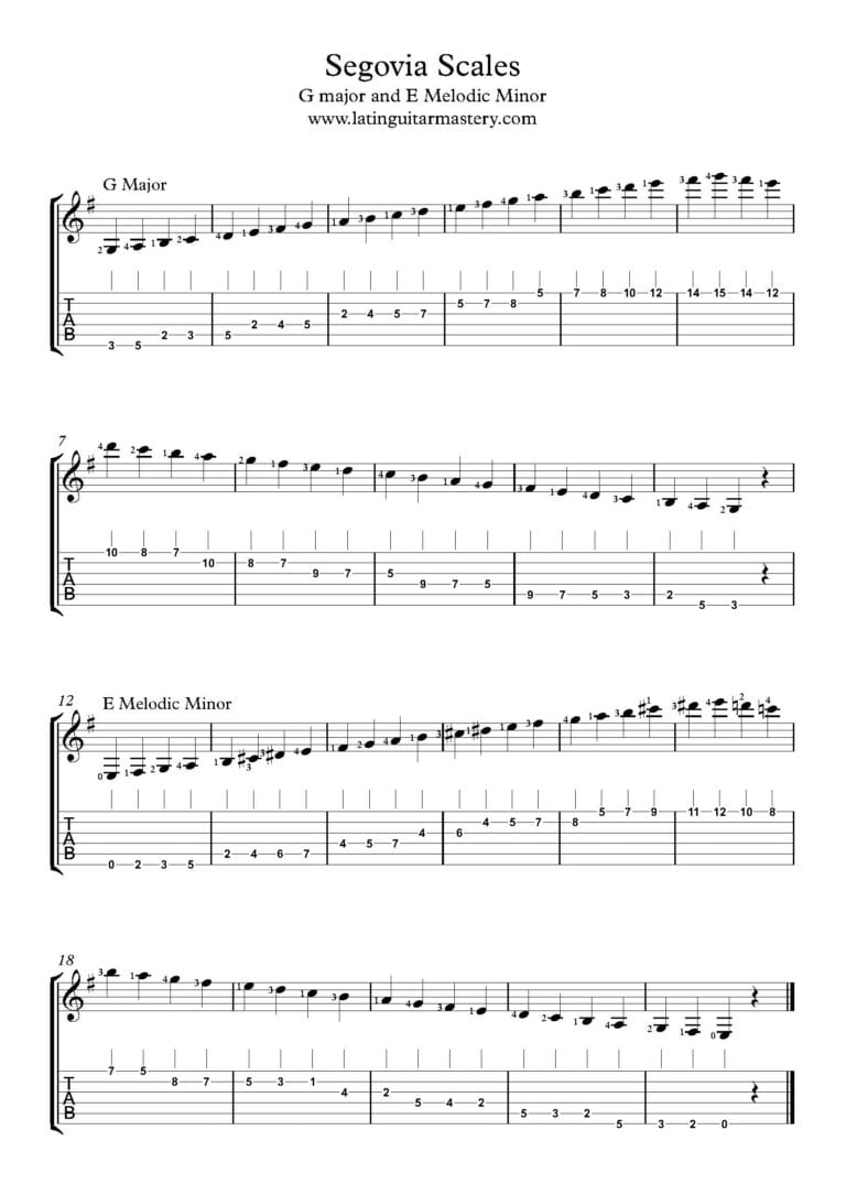 Segovia Guitar Scales Gmajor and E Harmonic Minor Latin Guitar Mastery